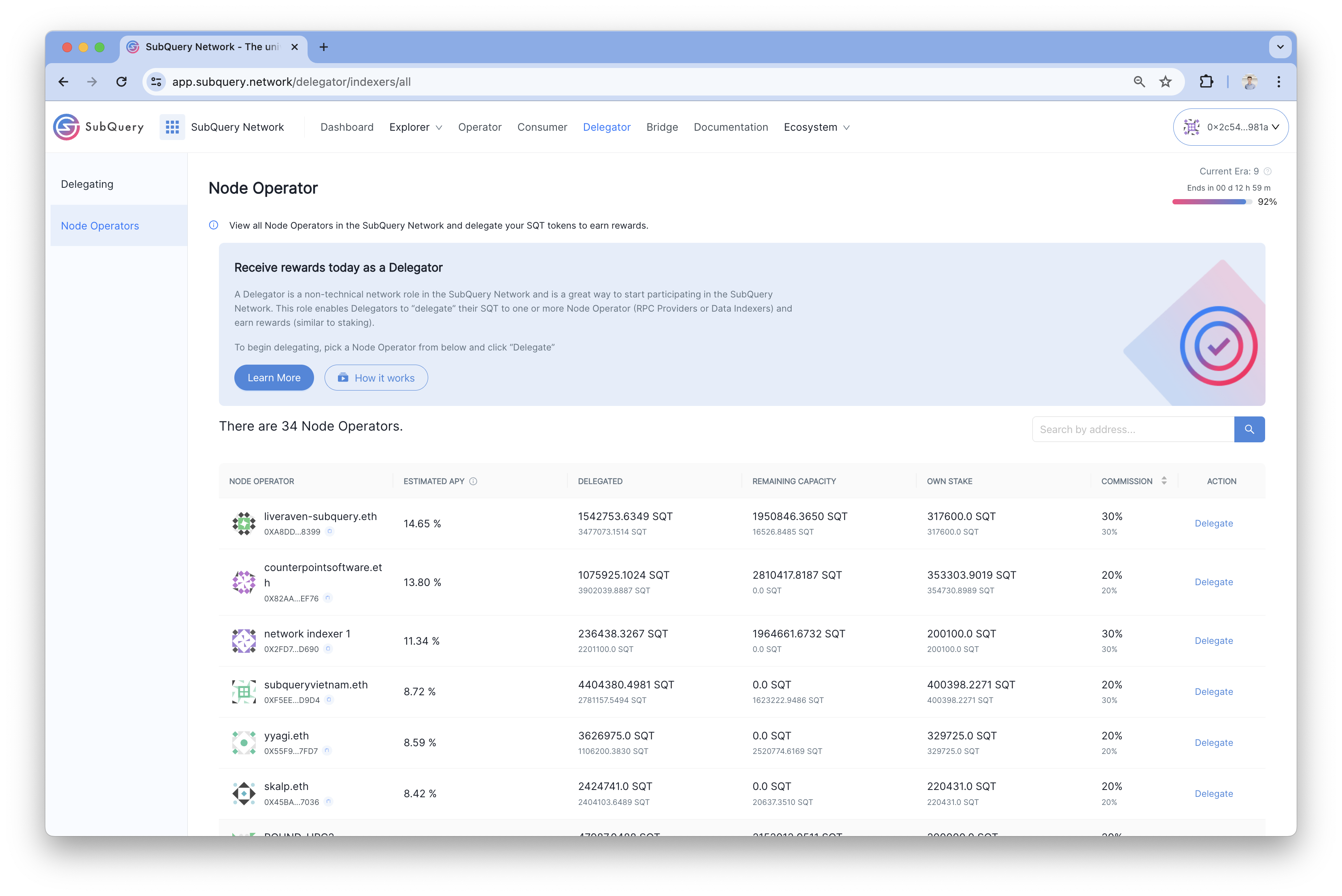 Delegate Node Operator List